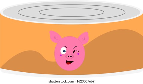 Tin can with stew or pate portrait of a piglet winking and smiling eating concept object on a white background