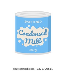 Tin can with sweet condensed milk on white background