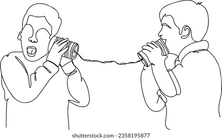 Tin Can Telephone Communication - One-Line Drawing of Kids Talking, Children's Playtime with Tin Can Phone - Cartoon Vector Art, Two Friends Playing with Tin Can Phone