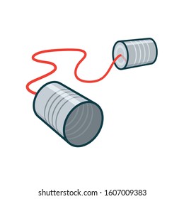 Tin can telephone illustration. Communication and retro technology isolated color vector symbol.