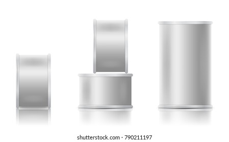 Tin can template set. Vector illustration of realistic packaging.