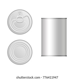 Tin can top and front view. Canned packaging template isolated on white background. Aluminum or steel canned for food. Vector illustration of Cans in realistic style. Food concept. EPS 10.