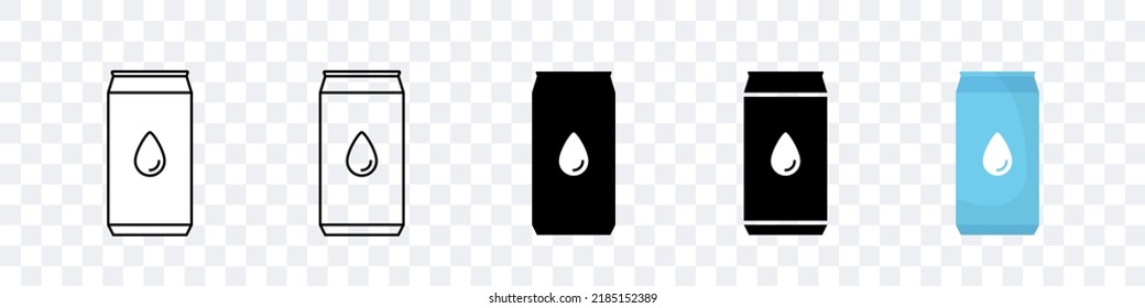 lata de estaño con agua. lata de aluminio con una bebida. Cañones de agua. Conjunto de iconos vectoriales aislados en fondo blanco.