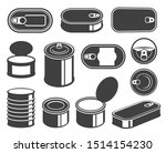Tin cans black glyph icons vector set. Aluminum food packages silhouettes. Metal containers collection. Conserves and preserves. Canned fish and meat products blank steel jars isolated illustrations