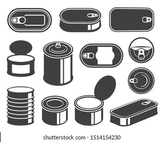 Tin Cans Black Glyph Icons Vector Set. Aluminum Food Packages Silhouettes. Metal Containers Collection. Conserves And Preserves. Canned Fish And Meat Products Blank Steel Jars Isolated Illustrations