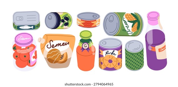 Tin cans, bottles set. Food and drink products in packages. Olive, tomato conserves, preserves packed in glass, metal jars. Grocery store goods. Flat vector illustration isolated on white background