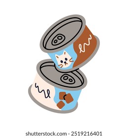 Tin cans of cat food. Metal packagings of wet feed for domestic animals. Eating for dogs, kittens. Products, snacks, goods for pet meals. Flat isolated vector illustration on white background.