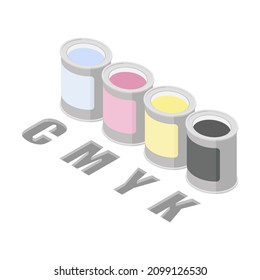 Tin cans with paint - isometric concept illustration for print technology. Flat color design.