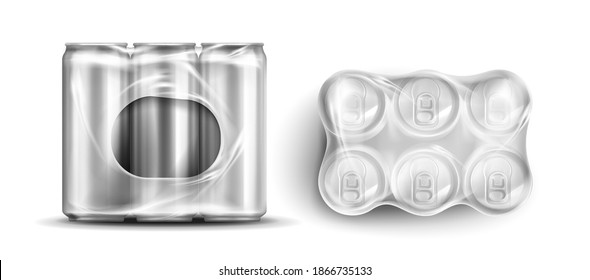 Tin cans in plastic wrap, six soda or beer metal jars front and top view. cylinder aluminium canisters in transparent pack, cold drink bottles isolated on white background, Realistic 3d vector mockup