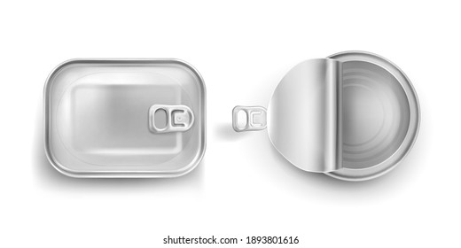 Tin cans with pull ring mockup top view. Canned food metal jars with closed and open lids, aluminium rectangle and round preserves canisters isolated on white background, Realistic 3d vector icons