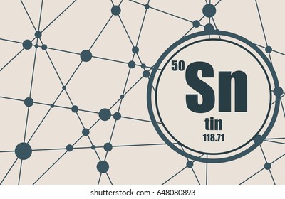 Tin chemical element. Sign with atomic number and atomic weight. Chemical element of periodic table. Molecule And Communication Background. Connected lines with dots.