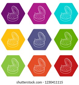 Tin of earthworms icons 9 set coloful isolated on white for web