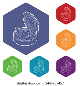 Tin of earthworms icons vector colorful hexahedron set collection isolated on white