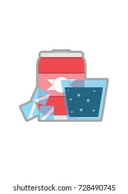 tin and glass cup,carbonated water, sweet drink,ice cubes
, vector image, flat design