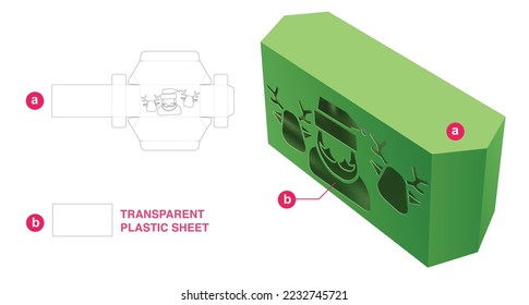 tin hexagonal box with Santa Claus and reindeers window die cut template