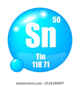 Ícone de estanho. Sn elemento químico. Número atômico 50. Massa 118,71. Esfera azul.