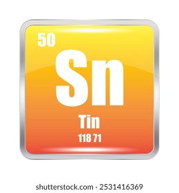 Tin icon. Sn chemical element. Atomic number 50. Mass 118.71. Yellow square image.