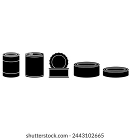 Blechsymbol-Vektorsatz. Dosennahrung Illustration Zeichensammlung. Langlebiges Lebensmittelsymbol oder -logo.