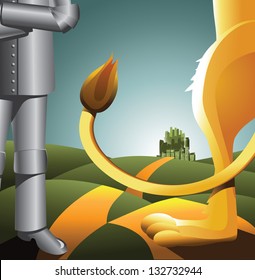 Tin man and lion on the road. EPS 8 vector, grouped for easy editing. No open shapes or paths.