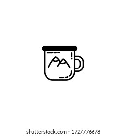 Tin mug flat line icon. Metal cup camping or hiking element vector stock isolated image on white background. Glyph pictogram for web, mobile, infographics