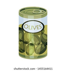 Tin with olives. Vector illustration on white background.
