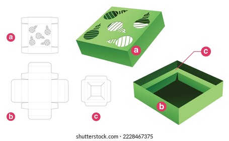 Tin packaging box and stenciled Christmas balls lid with insert supporter die cut template and 3D mockup