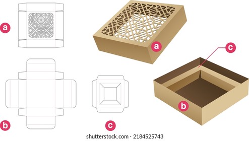 Tin packaging box and stenciled pattern lid with insert supporter die cut template and 3D mockup