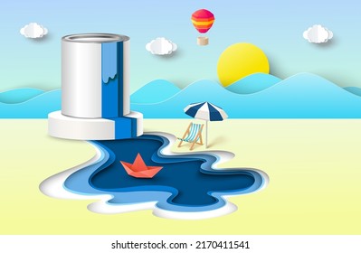 Tin of paint ads vector poster. Packaging can container over papercut seaside creative design. Website banner, promotion brochure template in craft style. Art supply advertisement