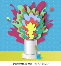 Tin of paint and brush with papercut colorful splash vector illustration. Container mockup on display podium with multi layers color splatter texture. Ads template