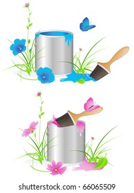 tin with a paint, flowers, green grass and brush