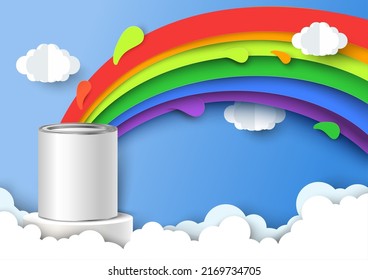 Tin of paint with papercut rainbow stroke over white clouds vector illustration. Creation and design concept. Art studio, home renovation service and craft master class advertisement