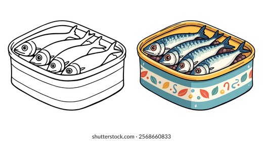 Tin of Sardine Fish Black and White Line Art Vector Illustration. Food and Snacks Coloring Pages for Adults and Kids.