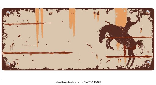 Tin sign with cowboy riding wild horse background, vector
