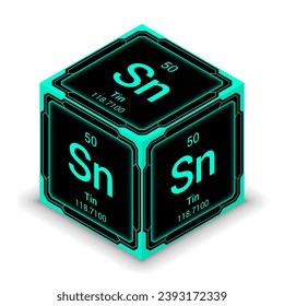 Tin (Sn) (050) - Fundamental Element Futuristic Cybernetic Cube Block Isometric View, Icon Isolated White Background, Periodic Table, Chemical Symbol, Name, Atomic Mass, Atomic Number svg