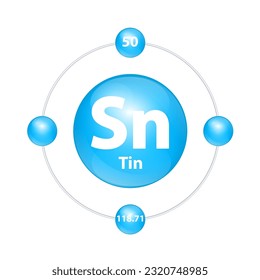Zinn (Sn) Icon Struktur chemischen Element rund Form Kreis hellblau mit Surround-Ring. Die Periodenzahl zeigt den Energiegehalt von Elektron. Studiere Wissenschaft für Bildung. 3D-Illustrationsvektor.
