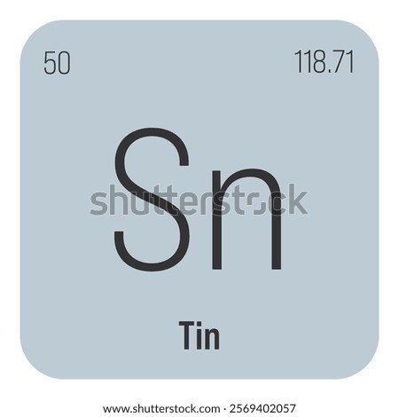 Tin, Sn, periodic table element with name, symbol, atomic number and weight. Post-transition metal with various industrial uses, such as in certain types of alloys, and as a component in certain types