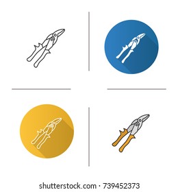 Tin snips icon. Flat design, linear and color styles. Snip cutters. Isolated vector illustrations