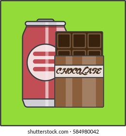 tin with soda, sweet drink and dark chocolate,vector image, flat design, outline style