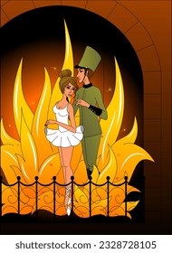 Tin soldier and ballerina in the fire of the fireplace. Fairy tale.