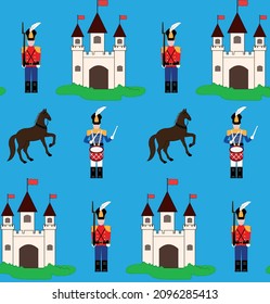 tin soldier castle pattern blue horse grass flag rifle guard drum marching band feather royal vector 