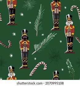 Tin soldier of vector illustrations isolated. Vector pattern on a transparent background, the background layer changes. tolerant nutcrackers, spruce twigs, candy cane, snowflake, Tin soldiers