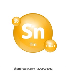 Tin, Stannum (Sn) icon structure chemical element round shape circle yellow dark. Chemical element of periodic table Sign with atomic number. Study in science for education. 3D Illustration vector. 