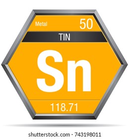 Tin symbol in the form of a hexagon with a metallic frame. Element number 50 of the Periodic Table of the Elements - Chemistry 