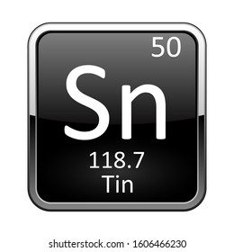 Tin symbol.Chemical element of the periodic table on a glossy black background in a silver frame.Vector illustration.