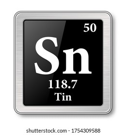 Tin symbol.Chemical element of the periodic table on a glossy black background in a silver frame.Vector illustration.