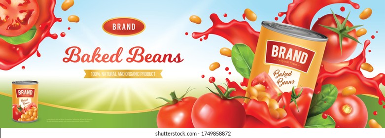 Tin Of Tasty Baked Beans On Background With Tomato Sauce And Green Leaves Realistic Vector Illustration