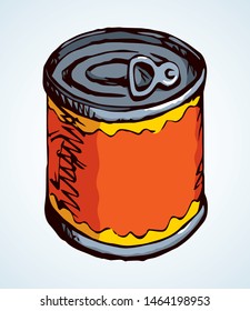 Tincan bank box lid on white store backdrop. Bright red color hand drawn steel bar tasty cook pet pot jar pack logo pictogram design in art doodle retro style on paper text space on label. Close up