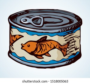 Tincan bank box lid on white store backdrop. Bright red color hand drawn steel bar tasty cook pet pot jar pack logo pictogram design in art doodle retro style on paper text space on label. Close up