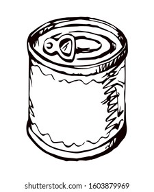 Tincan bank box lid on white store backdrop. Outline black ink hand drawn steel bar tasty cook pet pot jar pack logo pictogram design in art doodle retro style on paper text space on label. Close up