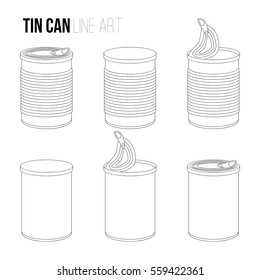 Tincan, canned food line art icons isolated on white background. Outlines objects, contour vector Metal or Plastic Tin Can.